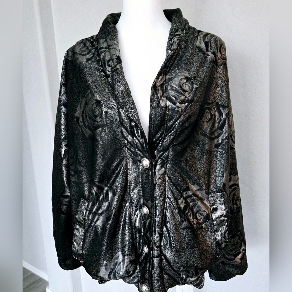 Vintage 90s Metallic Floral Puffer Parachute Dolman Sleeve Baggy Jacket Y2K Sz M